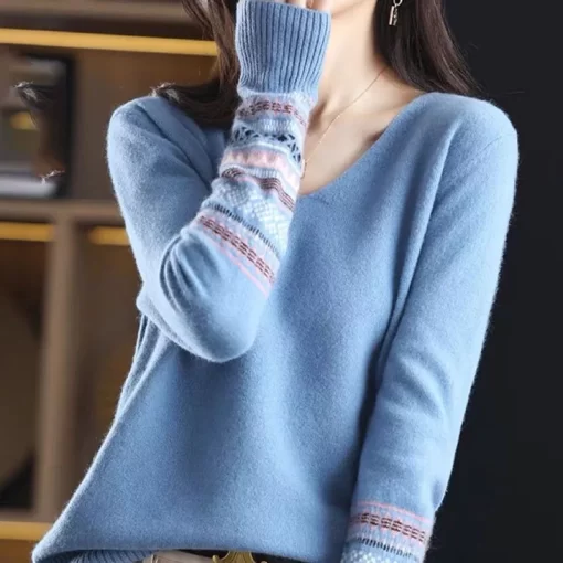 TLEfAutumn Winter Fashion All match Long Sleeve Patchwork Sweaters Women s Clothing Korean Temperament Lady V