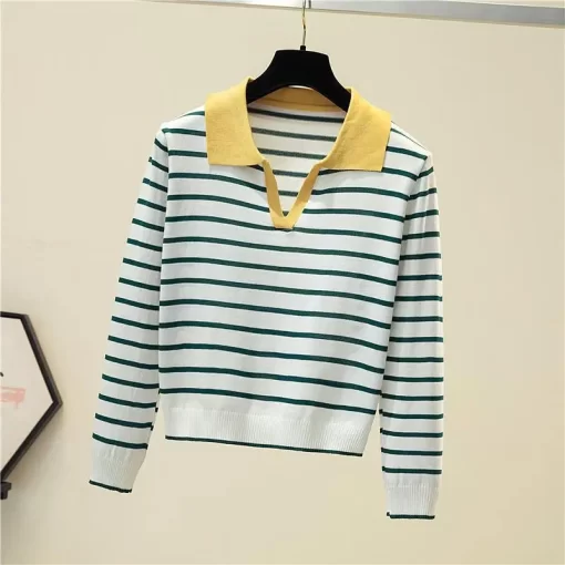 TPDGFashion Women Clothing Long Sleeve Striped Sweater Spring Autumn New V Neck Versatile Loose Casual Basic