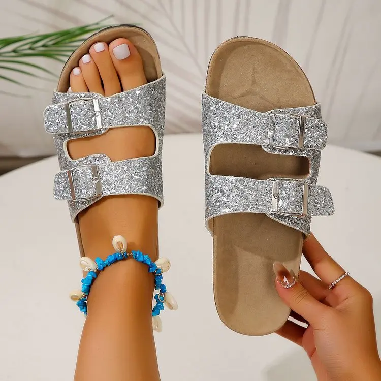 TeC2Women Sequin Sandal 2024 Summer Retro Belt Buckle Flats Slippers Fashion Outdoor Comfort Peep Toe Casual