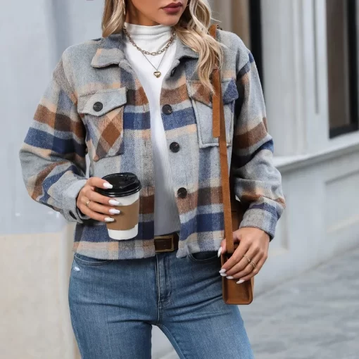 ThGoWomen s New Autumn and Winter Fashion Casual Polo Collar Stripe Plaid Button Pocket Long Sleeve