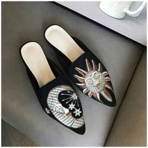 TmJPSUOJIALUN Women Slippers Pointed Toe Slip On Half Slippers Fashion Embroider Mules Autumn Outdoor Casual Ladies
