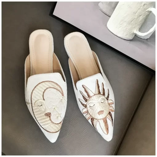 Tp73SUOJIALUN Women Slippers Pointed Toe Slip On Half Slippers Fashion Embroider Mules Autumn Outdoor Casual Ladies