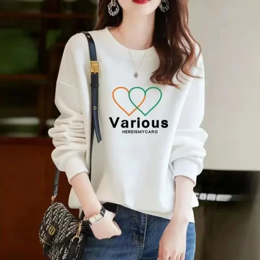 UFcNSpring Autumn Bow Printing Loose Casual Cotton Sweatshirt Ladies Simple All match Pullover Top Women Comfortable