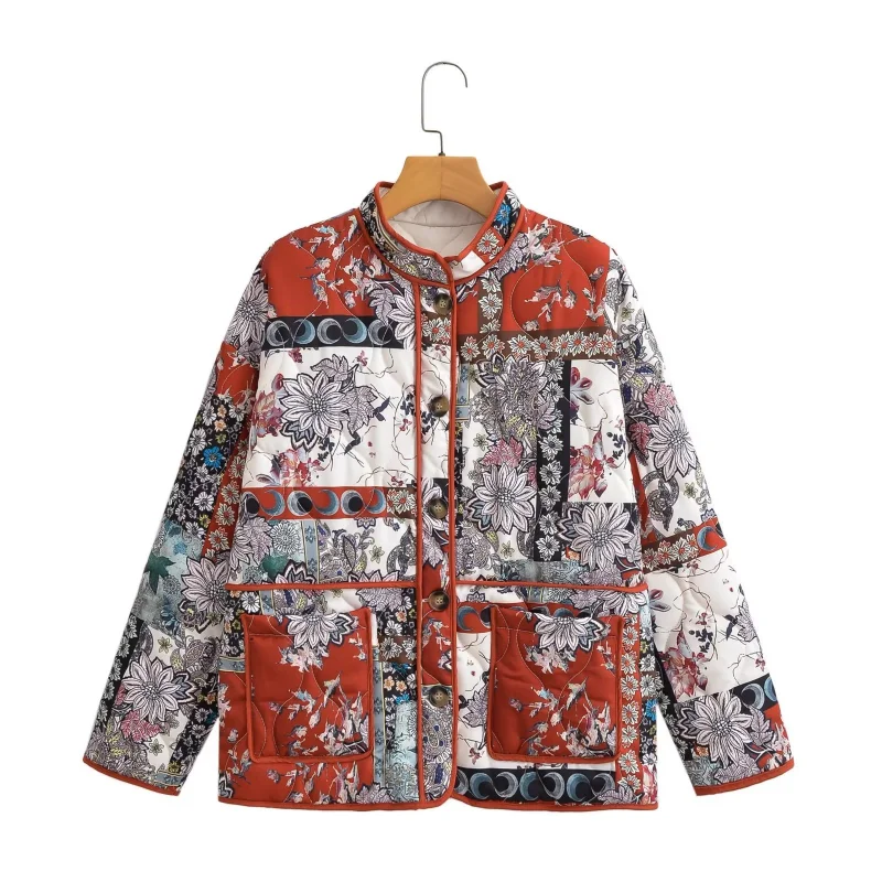 ULNhVintage Printed Padded Jacket Women Fashion Long Sleeve Loose Coats Female 2023 Autumn Winter Pockets Loose