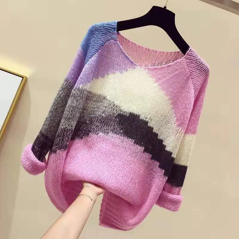 WOXwStriped Color block Knitted Sweater Women Fashion Thin Section Long sleeved Loose Hollow Lazy Sweater Pullover