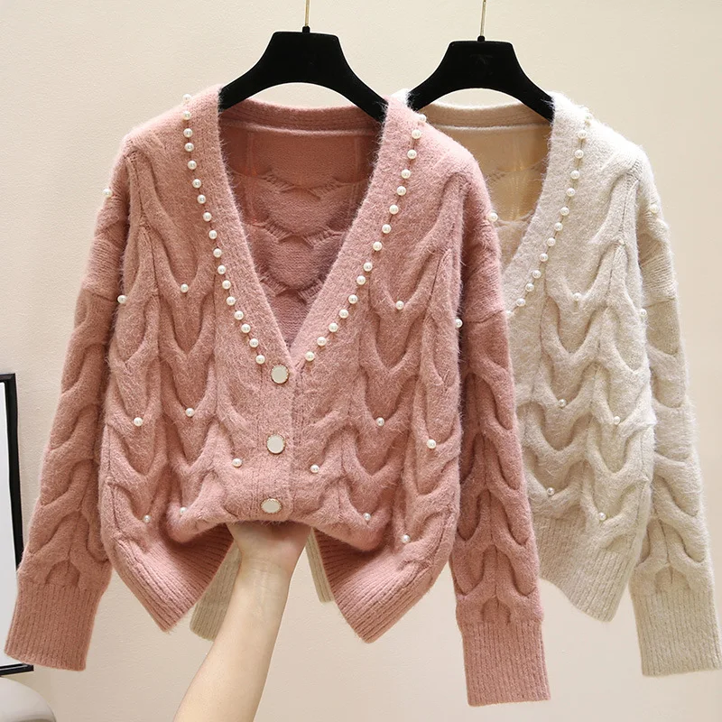 Wk1E2023 new fashion all match knitted outer wear sweater Sweet beaded V neck knitted cardigan women