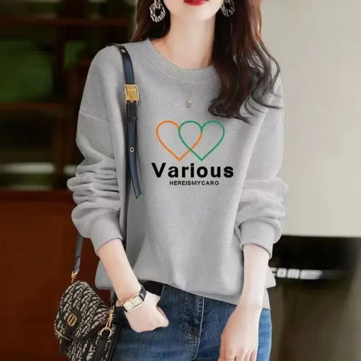 Yt4kSpring Autumn Bow Printing Loose Casual Cotton Sweatshirt Ladies Simple All match Pullover Top Women Comfortable
