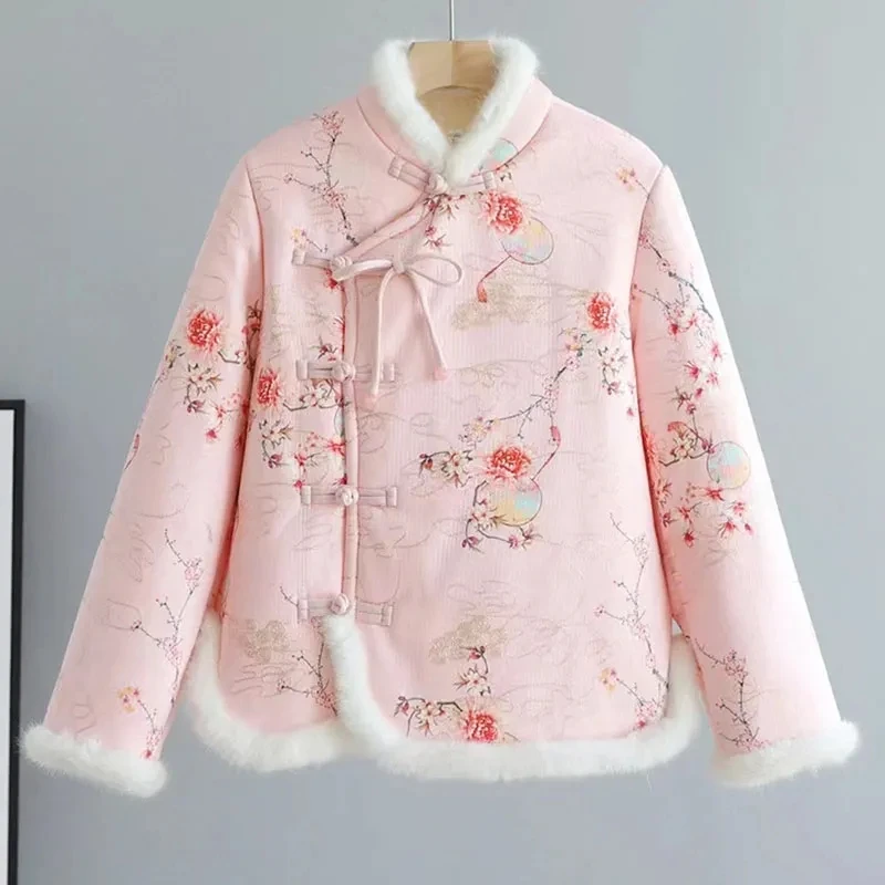 YvBf2024 New Winter Explosions Floral Cotton Padded Coat Ethnic Retro Buckle Ladies Fashion Short Warm Cotton