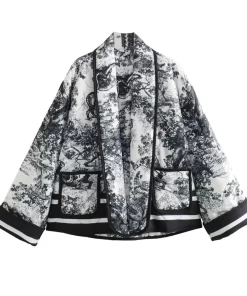ZWajYENKYE New Women Vintage Printed Quilted Coat Long Sleeve Pockets Female Autumn Winter Retro Outerwear