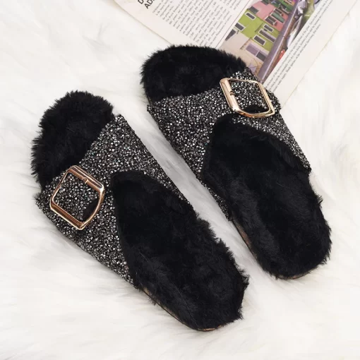 aVT3New Style Square Buckle Diamond Sequin Shoes for Leisure Home Vacation and Outdoor Wear Flat Bottomed