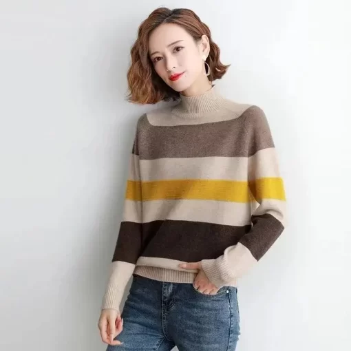 bhdvAutumn Winter Half High Collar Striped Patchwork Sweaters Ladies Loose Casual All match Bottoming Pullover Tops