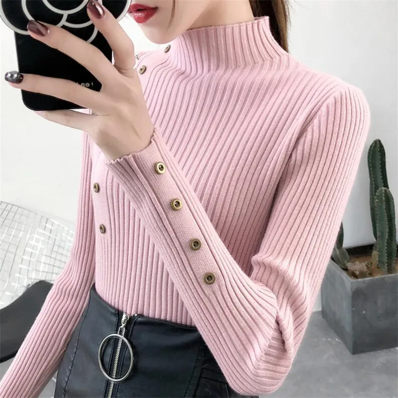 cTqF2023 Women Autumn Knitted Slim Sweaters Solid Knitted Female Cotton Soft Elastic Color Pullovers Button Full