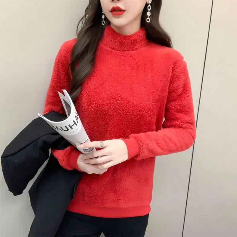 cpDWFashion Stand Collar All match Solid Color Blouses Women s Clothing 2023 Winter Loose Korean Pullovers