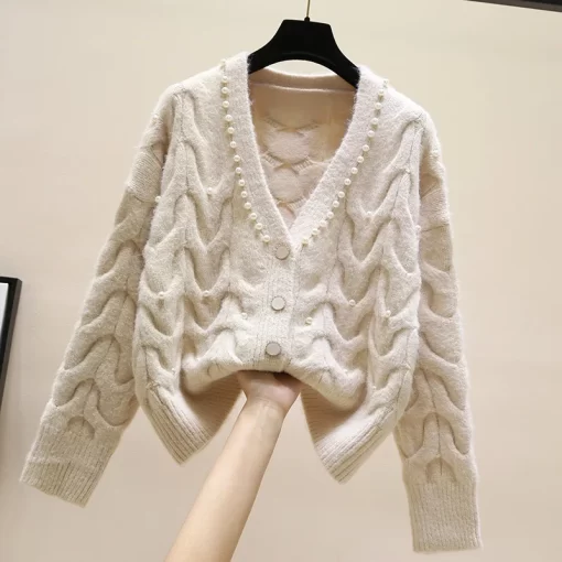 dBWt2023 new fashion all match knitted outer wear sweater Sweet beaded V neck knitted cardigan women