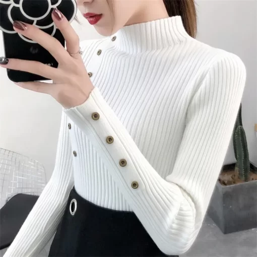 eG3R2023 Women Autumn Knitted Slim Sweaters Solid Knitted Female Cotton Soft Elastic Color Pullovers Button Full