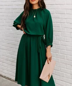 eVxCSummer Green Fashion Lace Up Dress For Women s O Neck Elegant Ladies Half Sleeve Big
