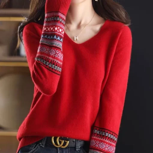 g73DAutumn Winter Fashion All match Long Sleeve Patchwork Sweaters Women s Clothing Korean Temperament Lady V