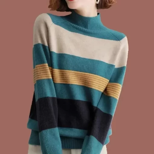 hI8KAutumn Winter Half High Collar Striped Patchwork Sweaters Ladies Loose Casual All match Bottoming Pullover Tops