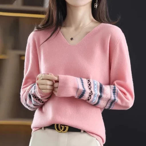 hQ6iAutumn Winter Fashion All match Long Sleeve Patchwork Sweaters Women s Clothing Korean Temperament Lady V