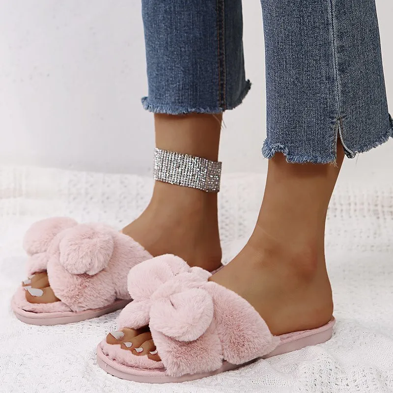 hkIZCOOTELILI Women Home Slippers With Faux Fur Flat Shoes Winter Shoes Keep Warm Shoes For Woman