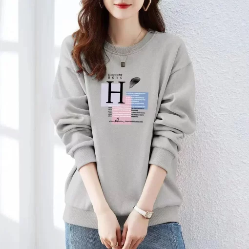 ilsjSpring Autumn Bow Printing Loose Casual Cotton Sweatshirt Ladies Simple All match Pullover Top Women Comfortable