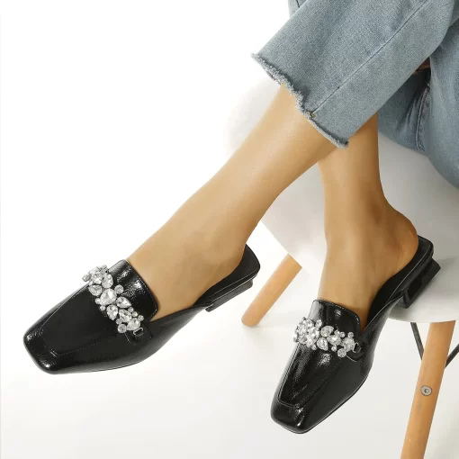 jHRWPlus Size 36 42 crystal slippers women sandalias diamond cover toe slides shoes square toe japanned