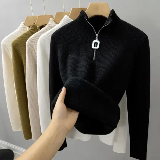 jJ3OZipper Half Turtleneck Sweater Women Plush Thickened Long Sleeve Knitwear Black Underlay Winter Warm Top Solid