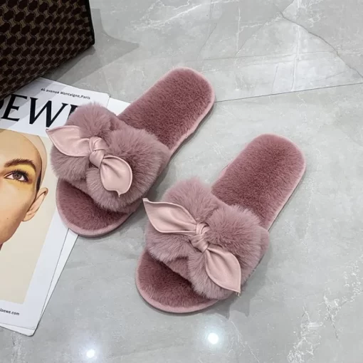 jTMAWomen House Slippers Faux Fur Fashion Warm Shoes Woman Slip on Flats Female Slides Black Pink