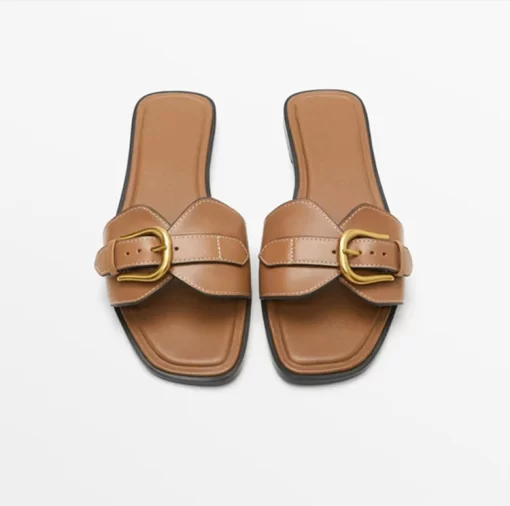 jZBYWomen Slippers 2023 New Summer leather buckle women slides flat casual summer outside sandals