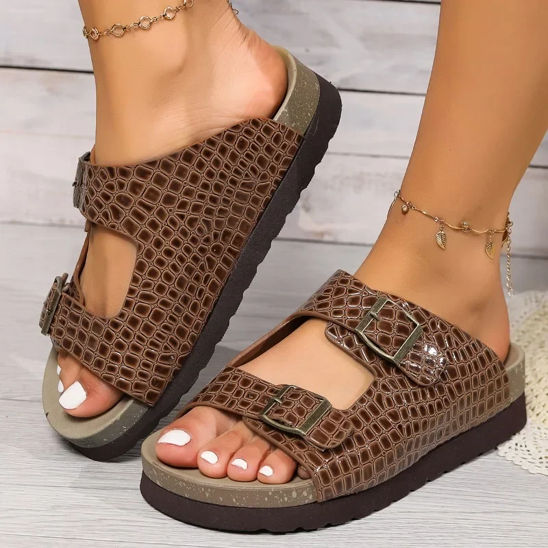 kTyCLadies Shoes on Sale 2024 High Quality Open Toe Women Slippers Summer Buckle Snake Pattern Solid