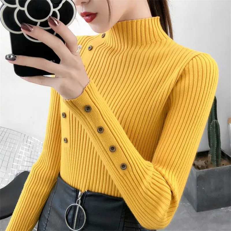 l2df2023 Women Autumn Knitted Slim Sweaters Solid Knitted Female Cotton Soft Elastic Color Pullovers Button Full
