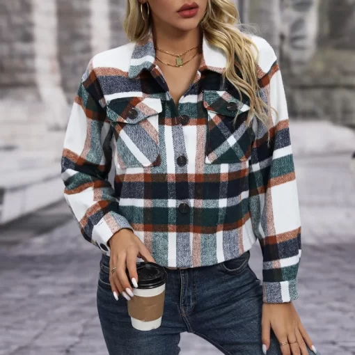 l84kWomen s New Autumn and Winter Fashion Casual Polo Collar Stripe Plaid Button Pocket Long Sleeve