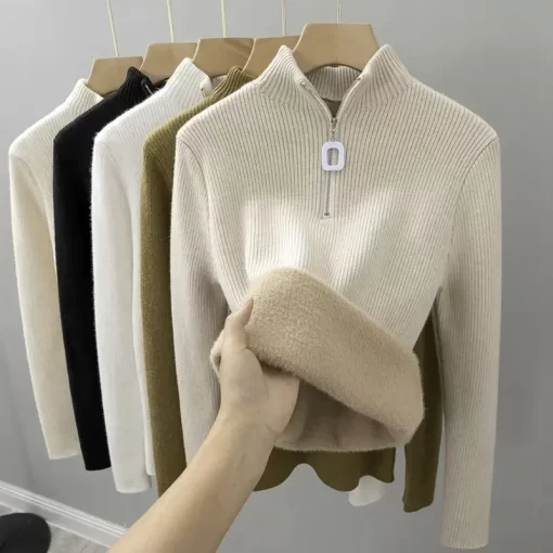 l8yQZipper Half Turtleneck Sweater Women Plush Thickened Long Sleeve Knitwear Black Underlay Winter Warm Top Solid