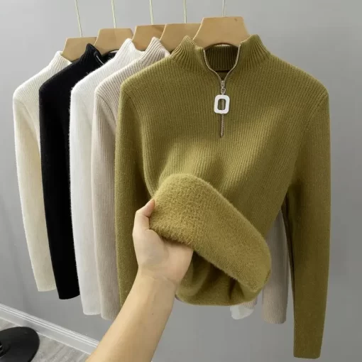 lUR8Zipper Half Turtleneck Sweater Women Plush Thickened Long Sleeve Knitwear Black Underlay Winter Warm Top Solid