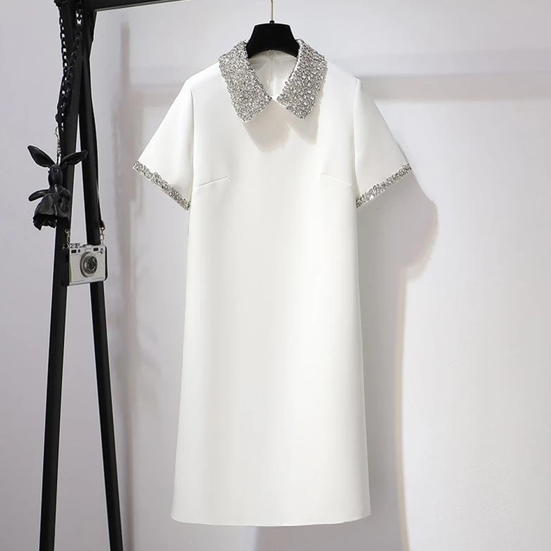 lxN2Chic Sparkling Diamond Beaded Peter Pan Collar Short Dress Women 2023 Summer Elegant Fashion Office Lady