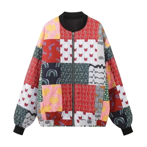 mHLIYENKYE Vintage Contrast Printed Oversize Jacket For Women Long Sleeve Casual Autumn Winter Coats Female Round