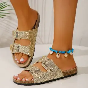 mjURWomen Sequin Sandal 2024 Summer Retro Belt Buckle Flats Slippers Fashion Outdoor Comfort Peep Toe Casual