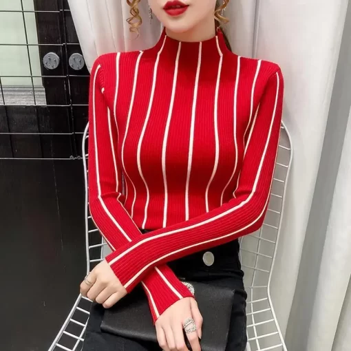 n07WAutumn Winter New Half High Neck Sweater Women s Colored Long Sleeved Pullover Patchwork Screw Thread