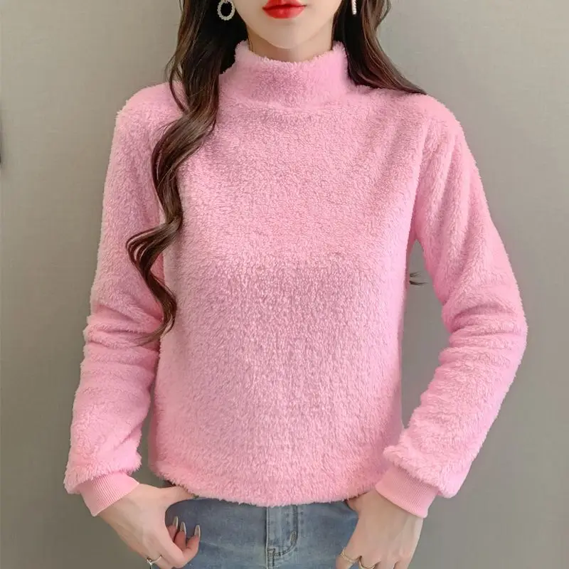 p5haFashion Stand Collar All match Solid Color Blouses Women s Clothing 2023 Winter Loose Korean Pullovers