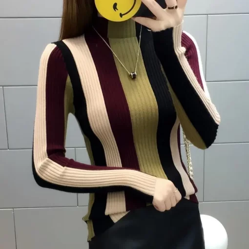 pXcyAutumn Winter New Half High Neck Sweater Women s Colored Long Sleeved Pullover Patchwork Screw Thread