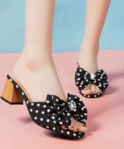 pmZYHigh Heels Sweet Slippers Women Polka Dot Bow Slides Casual Square Outddor Slippers Sandal Female Ladies