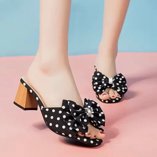 pmZYHigh Heels Sweet Slippers Women Polka Dot Bow Slides Casual Square Outddor Slippers Sandal Female Ladies