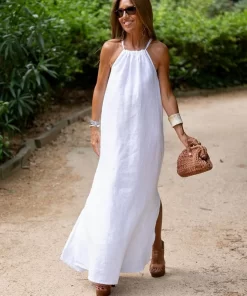 pv1XHalter Cotton Linen Long Bohemian Loose Dress Fashion Women Casual Sleeveless Vacation Dress Streetwear
