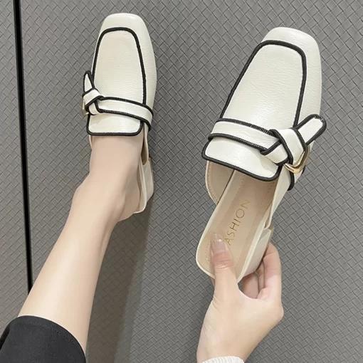 qNgoBlack Mules Shoes For Women Slip On Square Heel Slippers Women 2024 New Luxury Designer PU