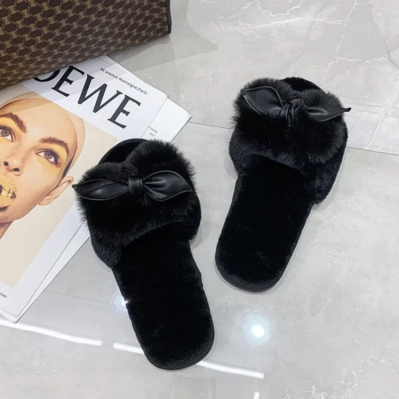 ql8eWomen House Slippers Faux Fur Fashion Warm Shoes Woman Slip on Flats Female Slides Black Pink