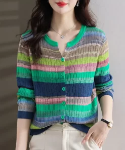 rBPIFashion Women Clothing Colorful Striped Cardigan Sweater Spring Autumn New Korean Versatile Casual Long Sleeve Knitted
