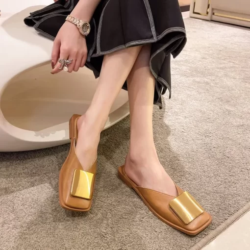 rC6BBrand Designer Women Slippers Fashion Metal Buckle Mules Flat Heels Square Toe Shallow Shoes Outdoor Slide