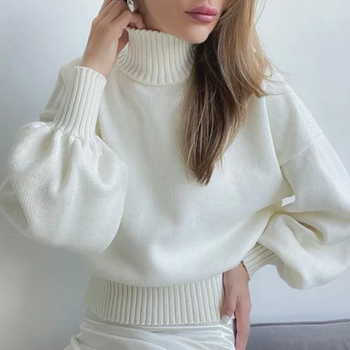 raTTINGOO Puff Sleeve Turtleneck Fashion Casual Sweater Oversize Elegant Top Woman Autumn Winter 2022 Solid Pullover
