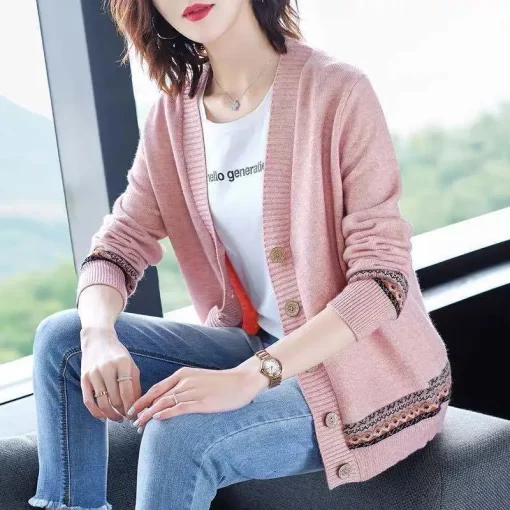 uXUxWTEMPO Spring Autumn Solid Color Women s Knitted Cardigan Long Sleeve Korean Loose V Neck Button