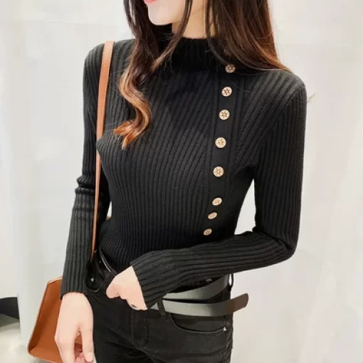 v0zQ2023 Knitted Women Sweater Ribbed Pullovers Button High Neck Autumn Winter Basic Women Sweaters Fit Soft